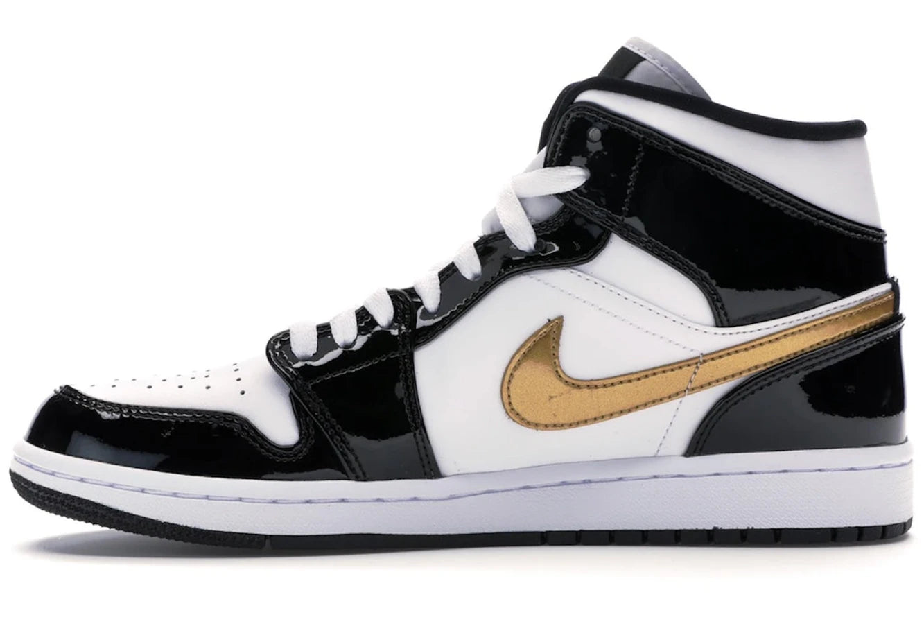 Air Jordan 1 Mid Patent Black White Gold