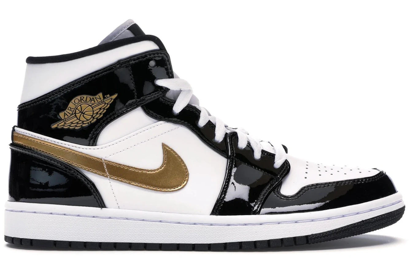 Air Jordan 1 Mid Patent Black White Gold